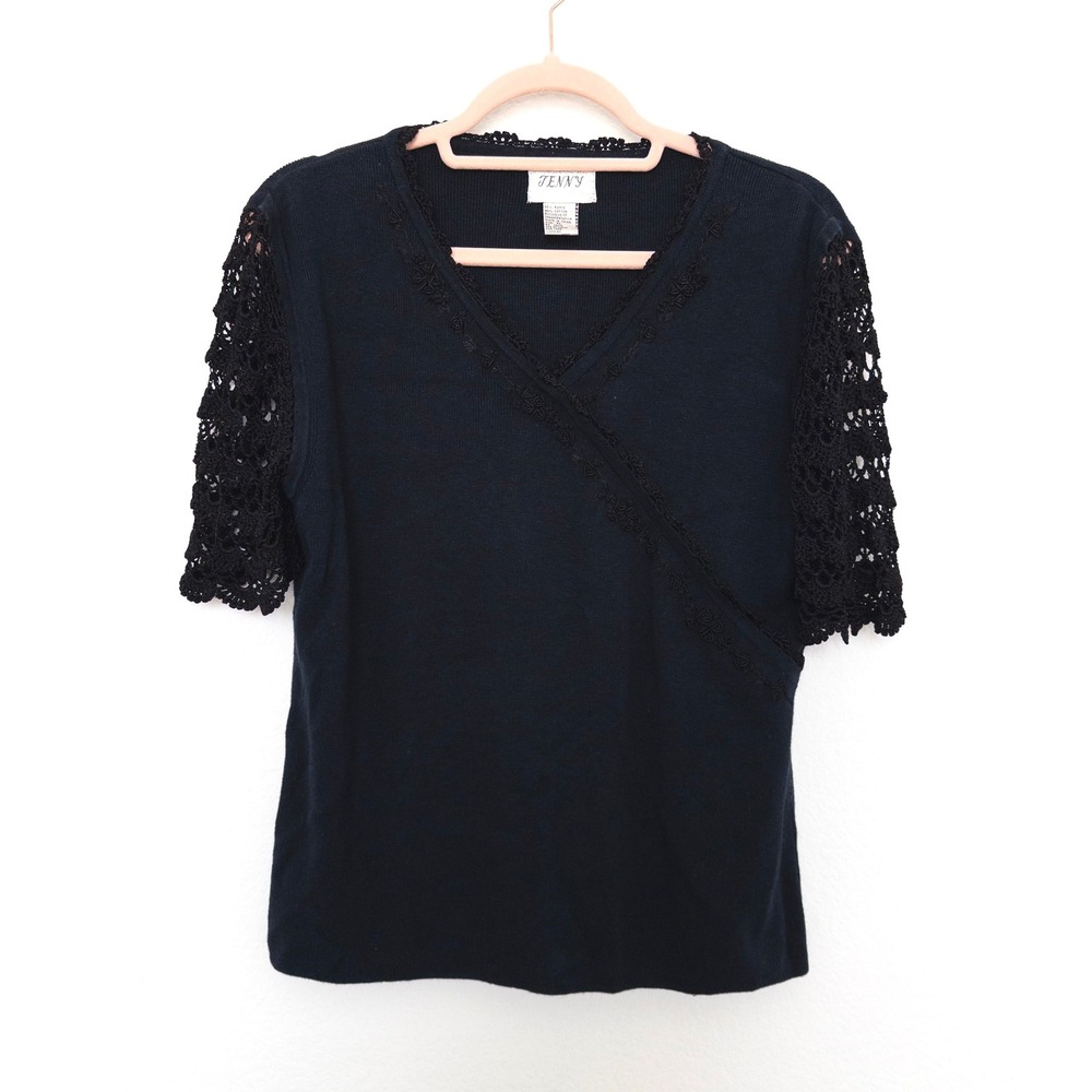 Vintage Jenny Womens Top Size XL Black Crochet Sleeve Whimsigoth Witchy 90s Boho